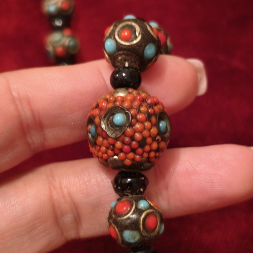 Traditional Tibetan Inlay Necklace with Turquoise and Coral Beads