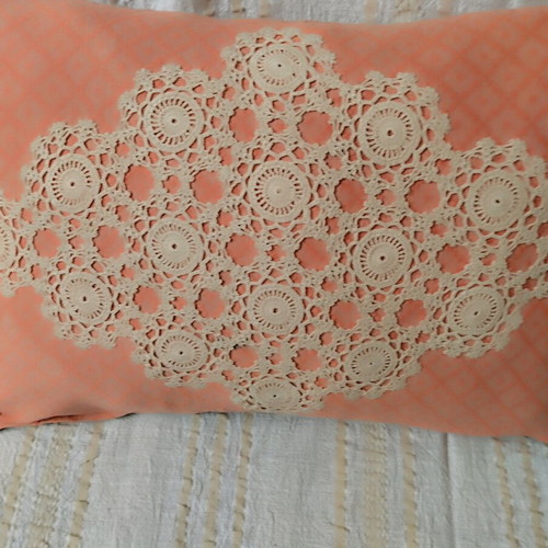 Woven pillow with handmade knitted details like new, cotton