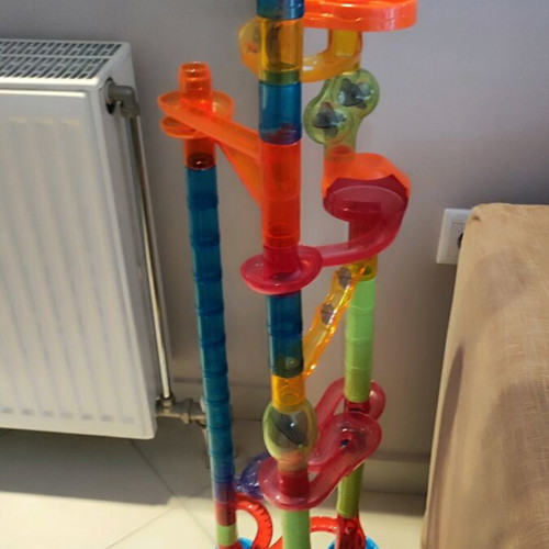 Marble run toy used, assembly game with 10 marbles