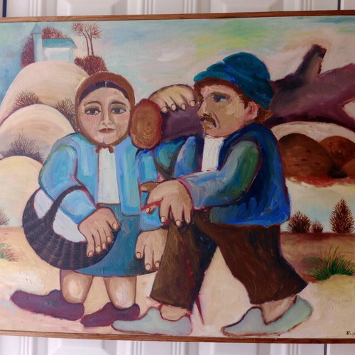 Watercolor on canvas with frame like new, folk art theme 83x63