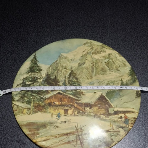 Vintage Metal Decorative Wall Plate Alpine Winter Landscape 24cm like new