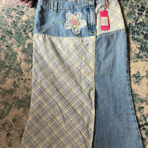Midi denim skirt with patchwork and floral details, new with tag