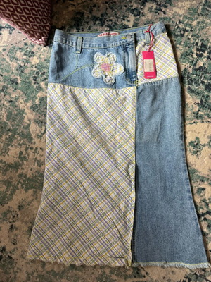 Midi denim skirt with patchwork and floral details, new with tag