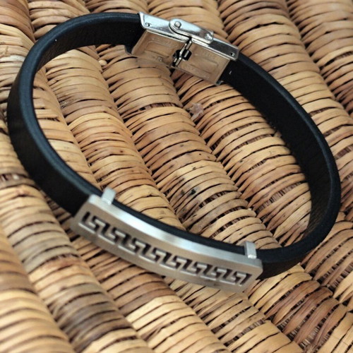 Men's leather bracelet with stainless steel meander new with tags