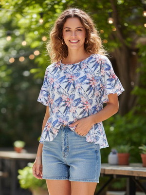 Floral top like new, cool fabric, volants on sleeves and hem, Doretta S