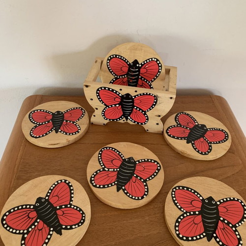Wooden coasters with holder, handmade, like new, butterfly design, set of six