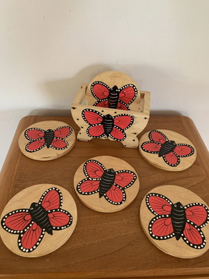 Wooden coasters with holder, handmade, like new, butterfly design, set of six
