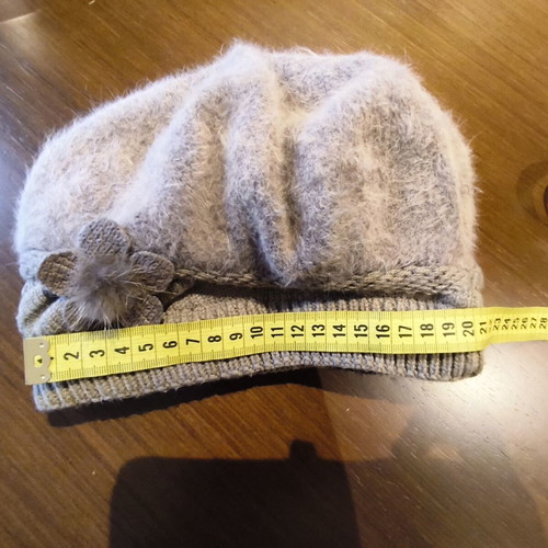 Knitted beret angora style with decorative flower, like new, beige gray