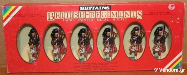  metallika stratiotakia Britains 7241 Hand Painted Made in England (1982) klimaka: 1/32 6 Scots Guard Pipers kenourgio timi 40 evro