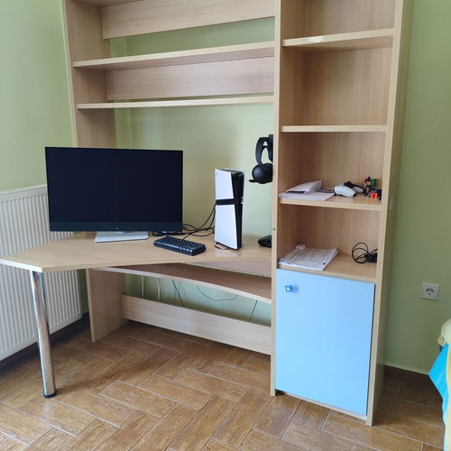 Bunk bed with three mattresses used, includes desk and drawers