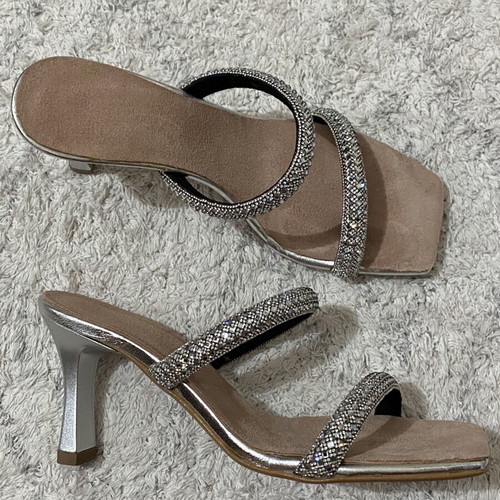 Silver mules size 36 like new with suede insole, 8.5cm heel