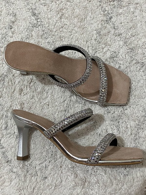Silver mules size 36 like new with suede insole, 8.5cm heel