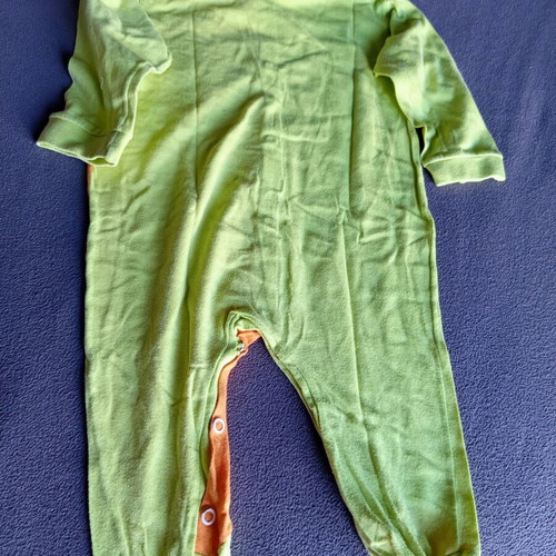 Baby footed romper used, orange and light green, 3-6 months