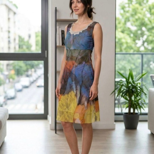 Dress Aventures des Toiles with artistic abstract print like new, XL