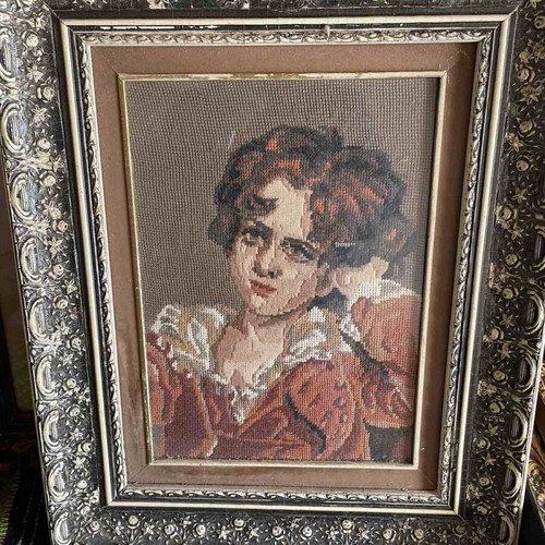 Vintage needlepoint on canvas with decorative frame like new
