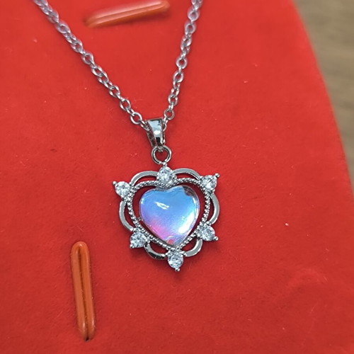 Heart Necklace with Iridescent Stone and Zircon, Stainless Steel, New