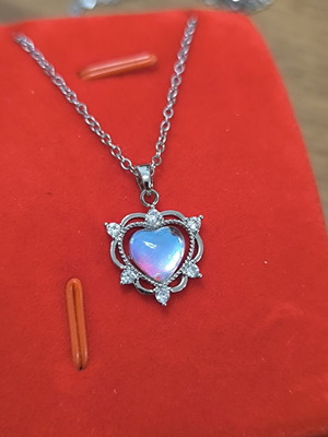Heart Necklace with Iridescent Stone and Zircon, Stainless Steel, New
