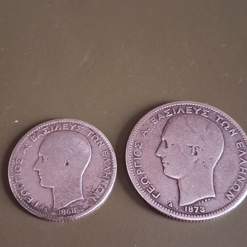 Collectible Silver Coins Set of Georgios A' 1 Drachma 1868 & 2 Drachmas 1873 used
