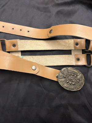Leather belt used, beige-brown with metal details, size 85