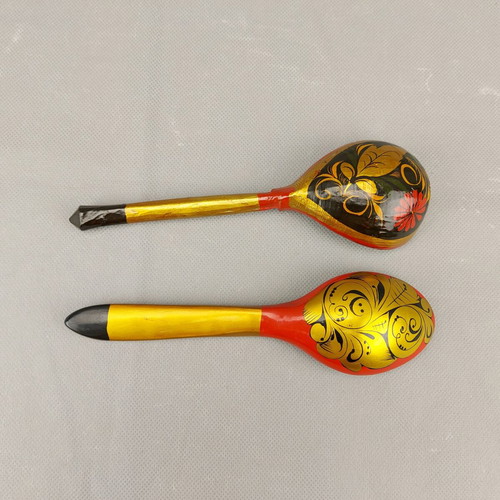 Old Hand-Painted Set of Two Russian Khokhloma Wooden Spoons Used