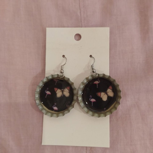 Earrings with butterfly and flamingo design, new, blue and pink