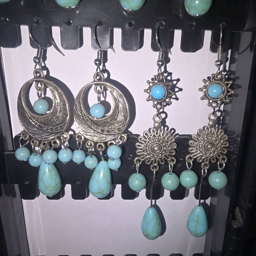 Earring set new, 5 pairs, turquoise and silver