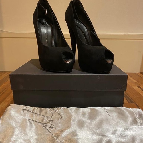 Giuseppe Zanotti black suede peep toe shoes with Swarovski crystals used, size 40