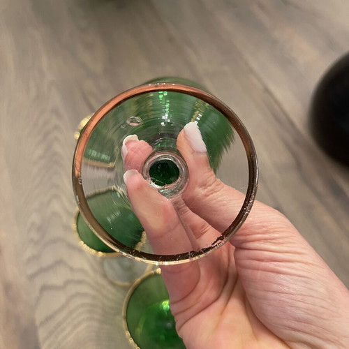Antique green liqueur glasses with gold decoration, like new