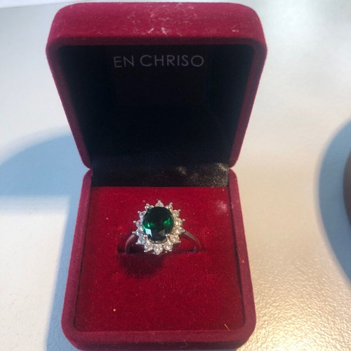 Silver ring with green and white zircon like new