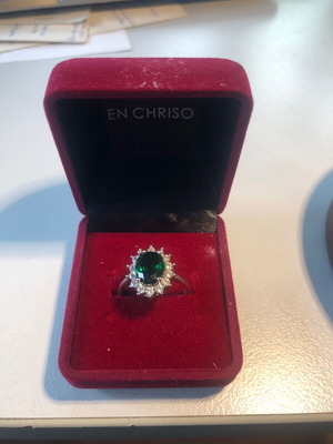 Silver ring with green and white zircon like new