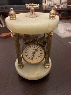 Vintage ORIA table alarm clock with marble and brass columns used