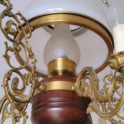 Vintage Brass Chandelier Neoclassical | Large Opaline & Candles | Rare