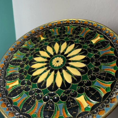 Decorative wall plate collectible with Byzantine mosaic, brass and enamel