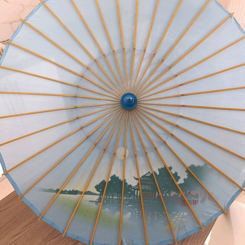 Chinese handmade umbrella used, bamboo wood and fabric (80s)