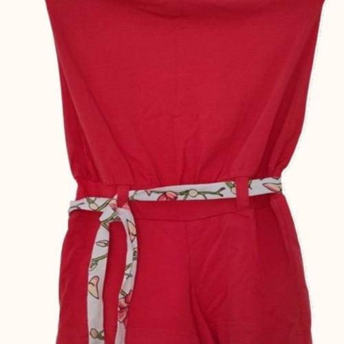 Red Strapless Pelican Playsuit with Floral Belt, Size S, Like New