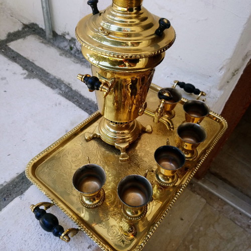 Small Russian Samovar OA Moscow new with tray and 6 tea cups