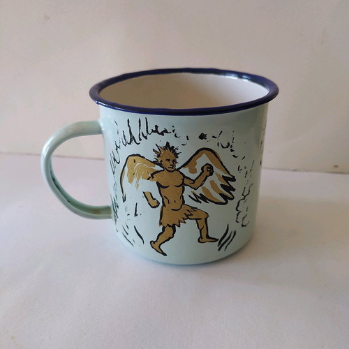 Enamel mug used, old with painted design
