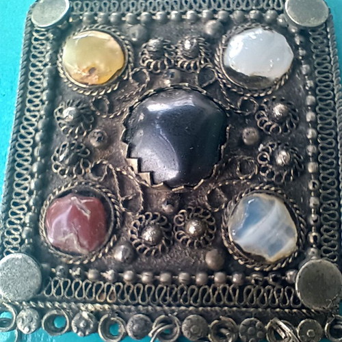 Vintage ethnic pendant with natural stones used, 5 x 6 cm