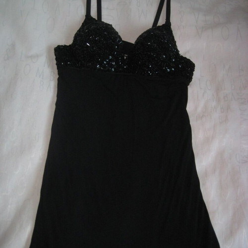 Elegant black dress with beaded bustier and straps