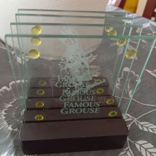 Famous Grouse coaster holder new, wooden with 4 glass coasters