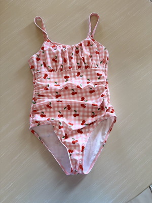 Girls Swimsuit pink gingham with cherries, like new, size 13