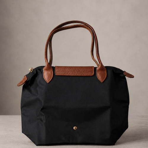 Foldable practical shoulder bag, black with brown details