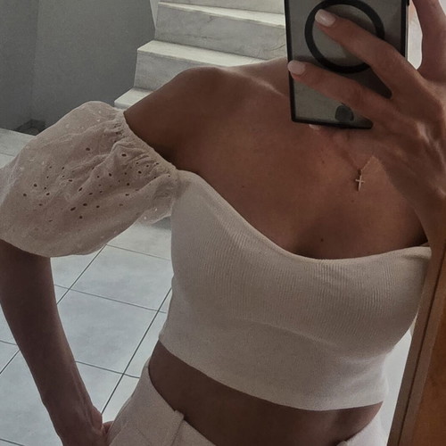 Zara white off-shoulder crop top with puffed eyelet sleeves