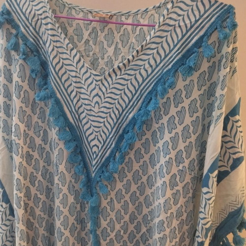 Long caftan new, white-turquoise, one size