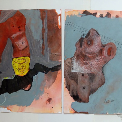 Lot of 2 abstract paintings on paper "Male and female" new