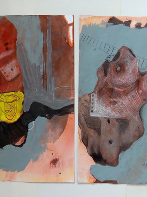Lot of 2 abstract paintings on paper "Male and female" new