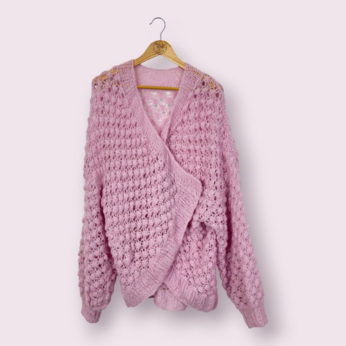 Handmade knitted cardigan like new, oversize, pink, wool blend with mohair