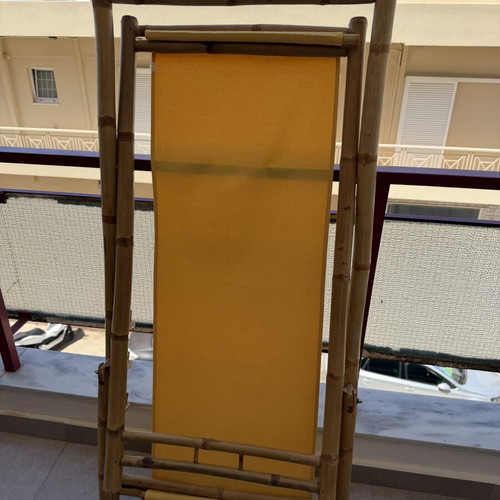 Folding chair sunlounger from natural bamboo with yellow fabric seat, like new