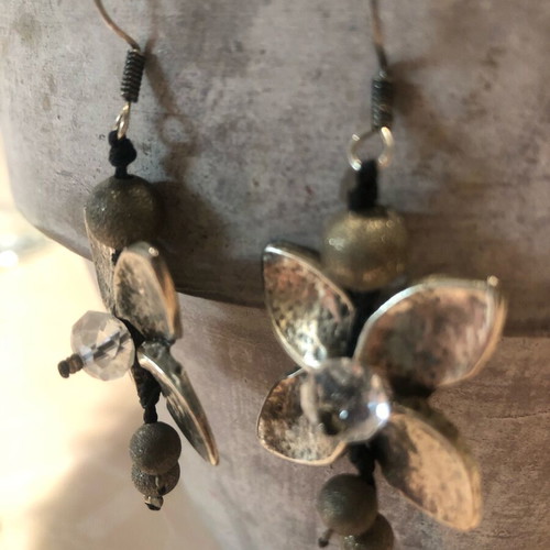 Handmade long flower earrings used, silver color