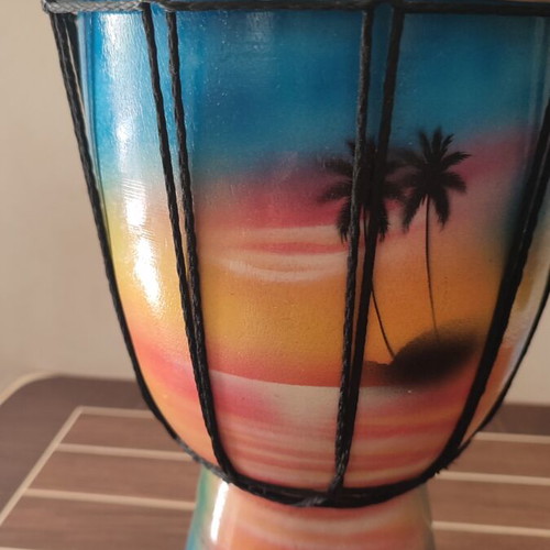 Wooden handmade djembe used, hand-painted tropical design 30x28 cm